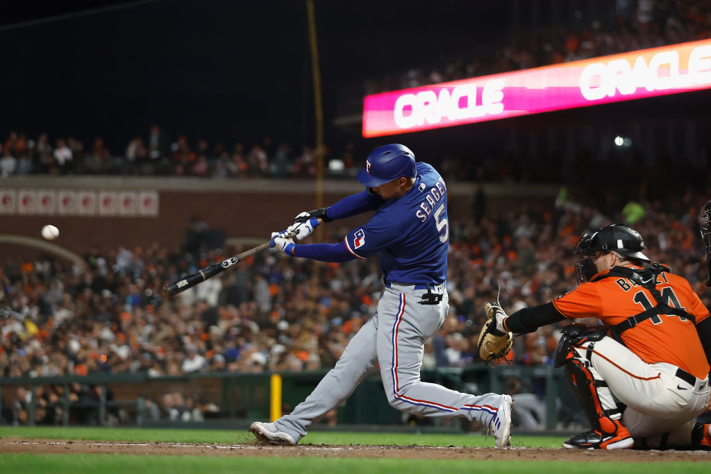 SAN FRANCISCO, CALIFORNIA - AUGUST 11: Corey Seager #5 of the Texas Rangers at bat against the San ...