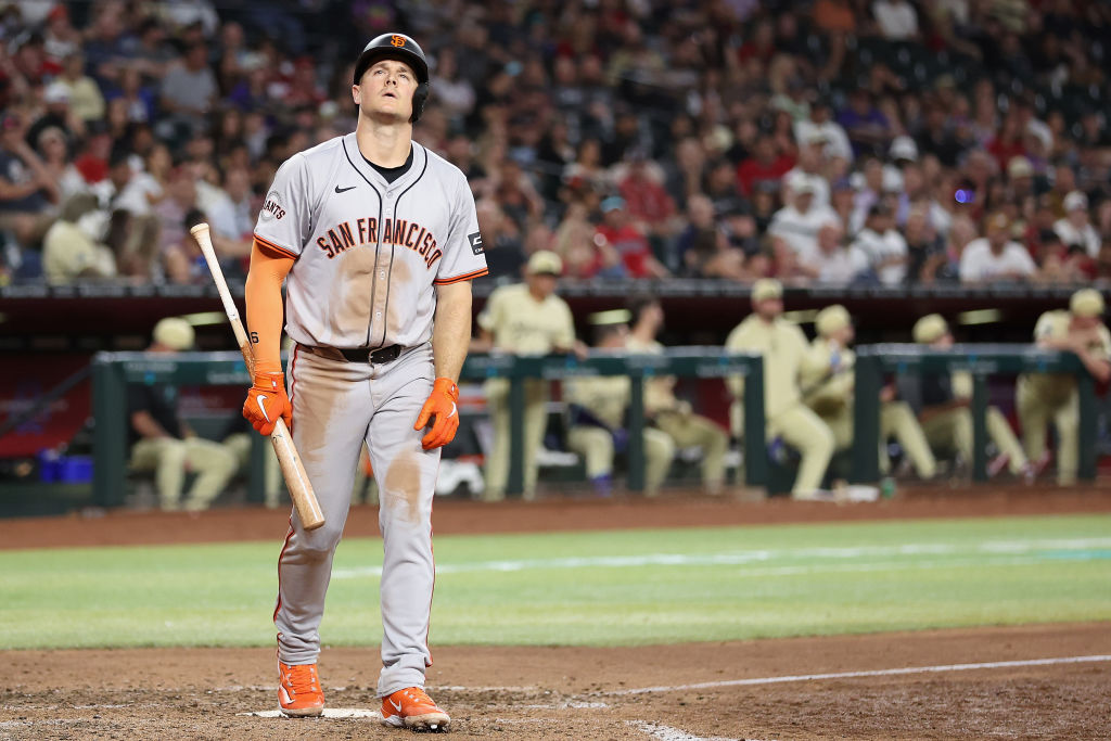 PHOENIX, ARIZONA - JUNE 04: Matt Chapman #26 of the San Francisco Giants reacts to a strike out aga...