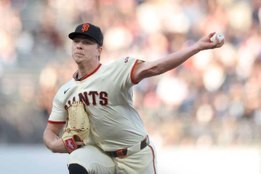 SAN FRANCISCO, CALIFORNIA - JUNE 10: Kyle Harrison #45 of the San Francisco Giants pitches against ...